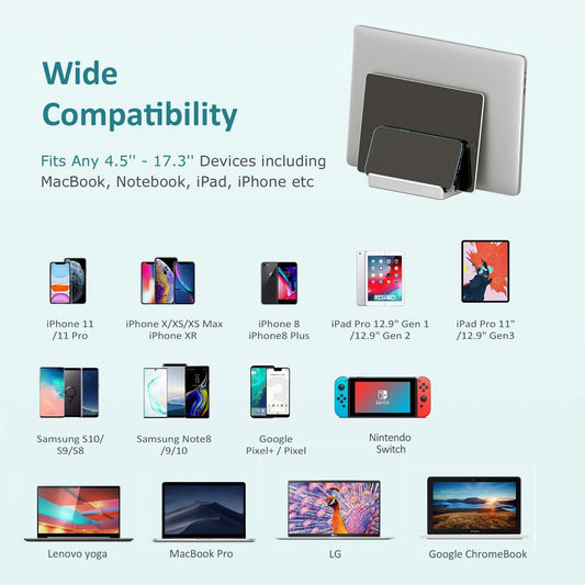 Vertical Laptop Stand - SPACEMax Adjustable GRIPLock Anti-Tip Silicone 4 Slots Aluminum Desktop Holder - Double Dock Stand - 2 Phone Slots Fits Up to 17.3” Laptops, Tablets, Phones - Silver