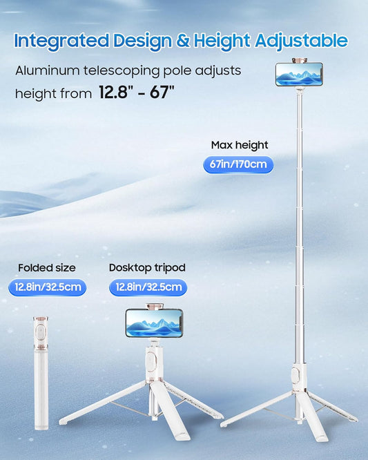 67" Selfie Stick Phone Tripod, All-in-1 Cell Phone Tripod with Wireless Remote, Extendable Compact Tripods Portable Travel Stand for iPhone Android Selfie/Video Recording/Live Stream/Vlog