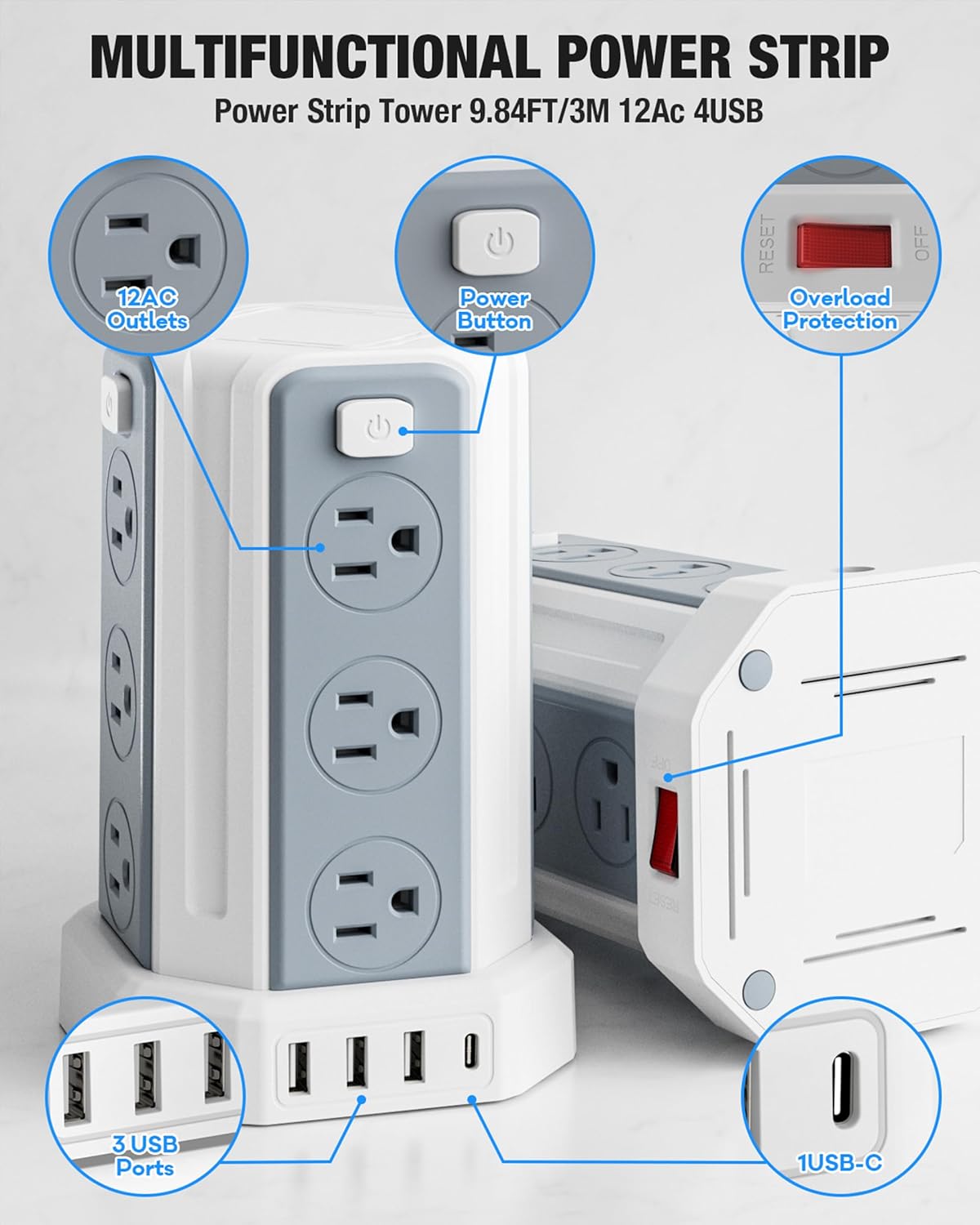 Power Strip Surge Protector, 10 Ft Extension Cord with 12 AC Multiple Outlets 4 USB (1 USB C), SMALLRT Power Tower Desktop Charging Station (White, 10 FT)