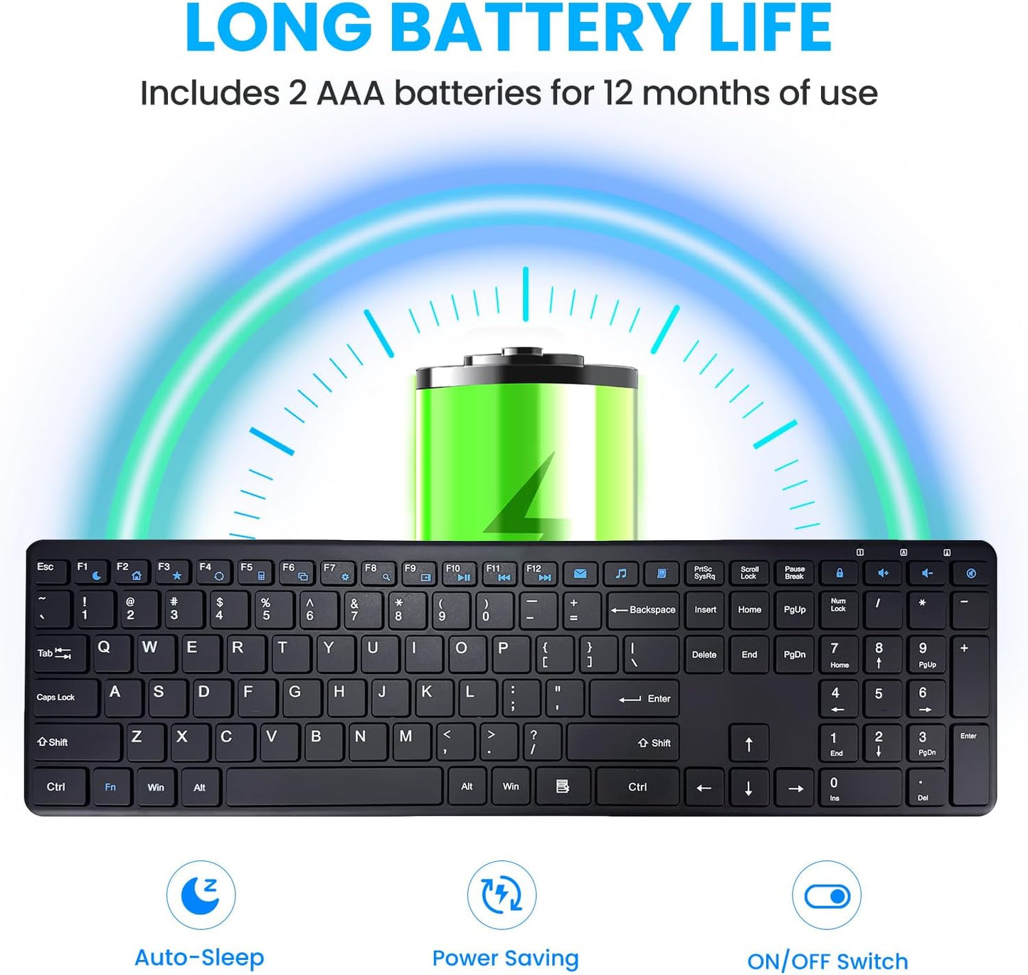 Wireless Keyboard-2.4G Ultra Slim Quiet Full Size Matte USB PC Computer Keyboard,19 Multimedia Keys,Number Pad,Plug&Play,Lag-Free Ergo,Long Battery life for Desktop,Laptop,Smart TV,MAC,Windows,QWERTY