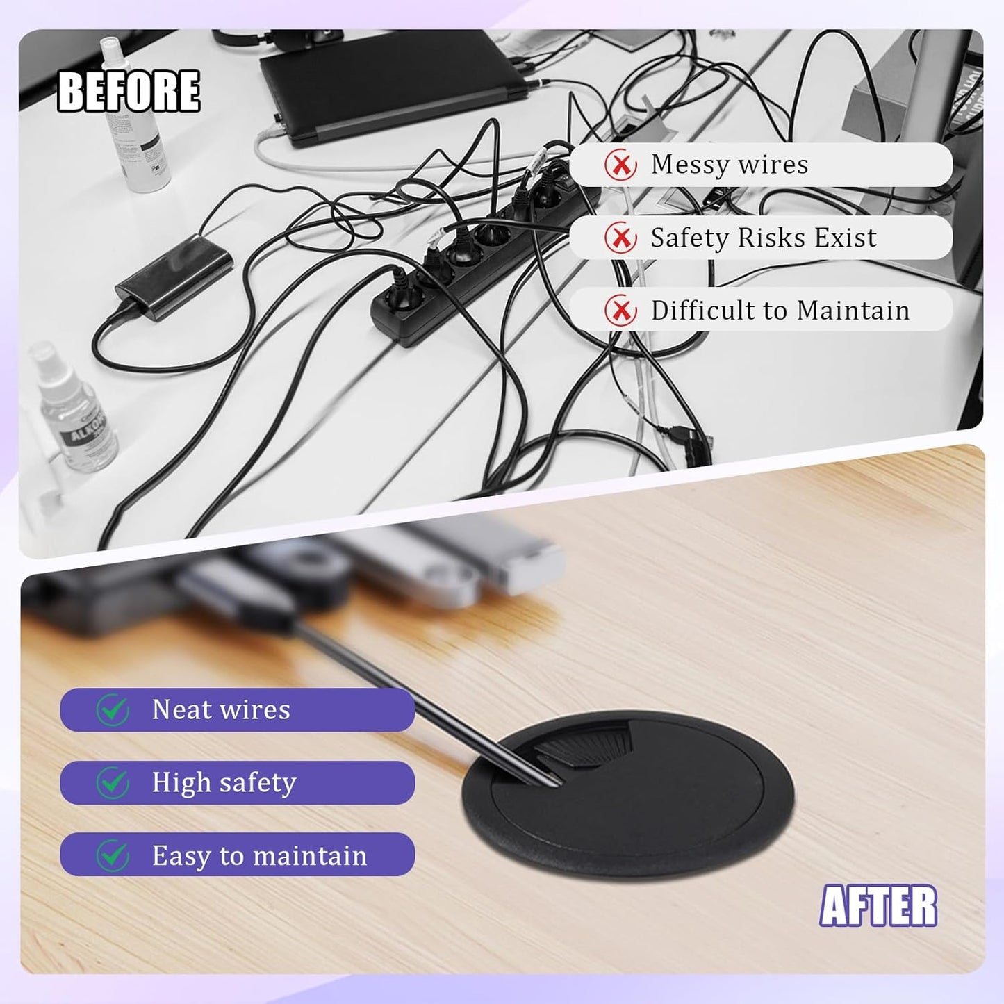 12 Desk Grommet, Desk Hole Cover, Large Capacity, Detachable and Adjustable Cable Organizer, Suitable for Organizing Home and Office Cables (Black, 2 Inches)