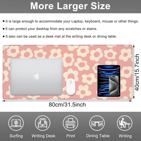 Mouse Pad, Large Pink Groovy Flowers Desk Mat, Extended Non-Slip Gaming Keyboard Mousepad Desk Pad, Thick Stitched Edges Waterproof Mouse Mat 31.5"x15.7" (Vintage Floral)