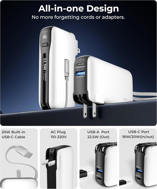 1 Pack Portable Charger with Built-in USB-C Cable & Plug, 10,000mAh 5V/4.5A Power Bank Fast Charging 22.5W, Travel Essential Battery Pack 3 Output for iPhone 16/15 Series, Samsung Galaxy, iPad