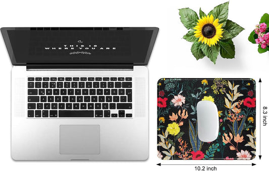 JIKIOU 3 Pack Mouse Pad with Stitched Edge, Comfortable Mouse Pads with Non-Slip Rubber Base, Washable Mousepads Bulk with Lycra Cloth, Mouse Pads for Computers Laptop Mouse 10.2x8.3in Black Flowers