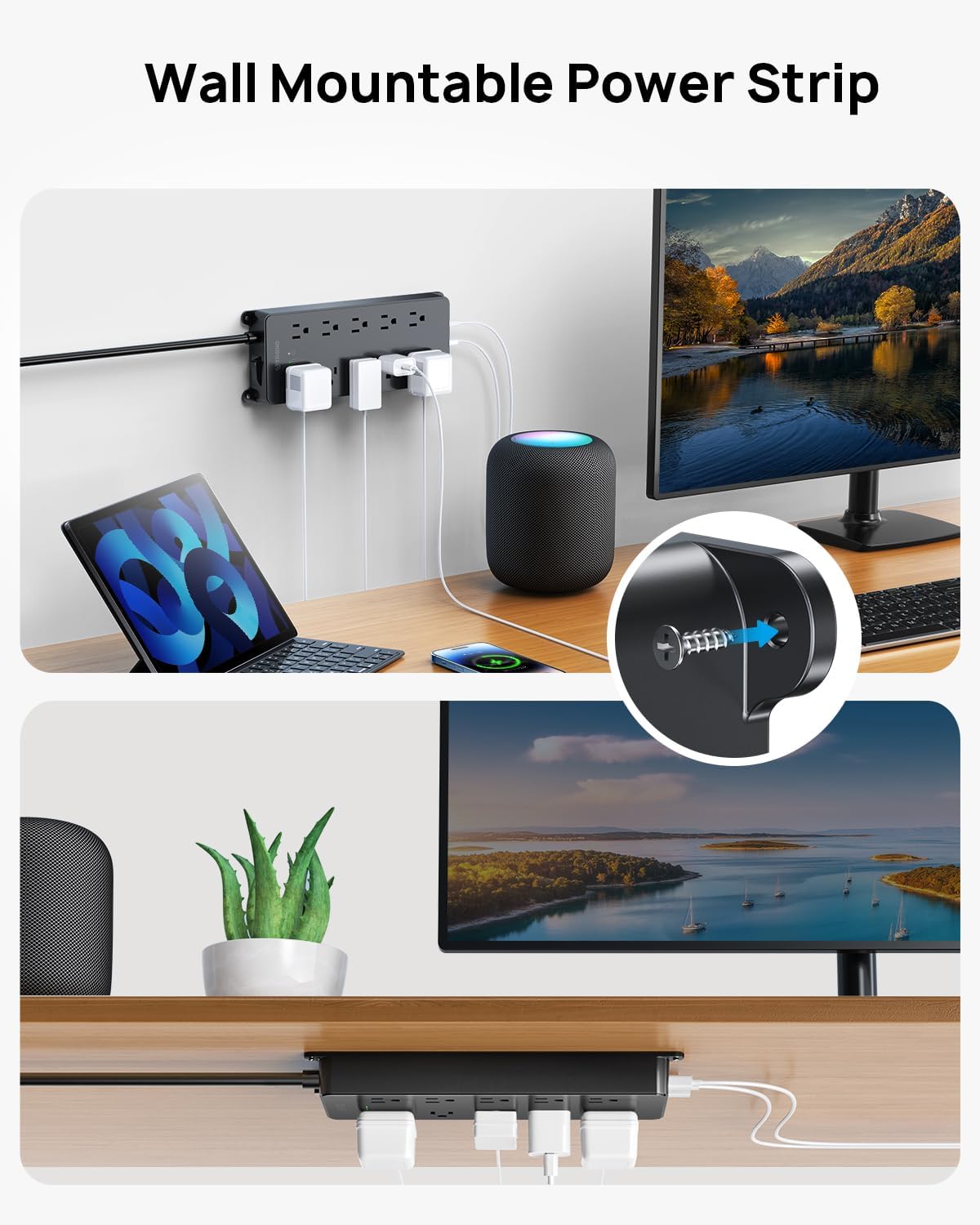 TROND Power Strip Surge Protector with 360° Rotating Flat Plug, 15ft Long Extension Cord, 4000J, ETL Listed, 10 Widely Spaced Outlets, 2 USB A and 2 USB C, Wall Mountable, for Home Office, Black