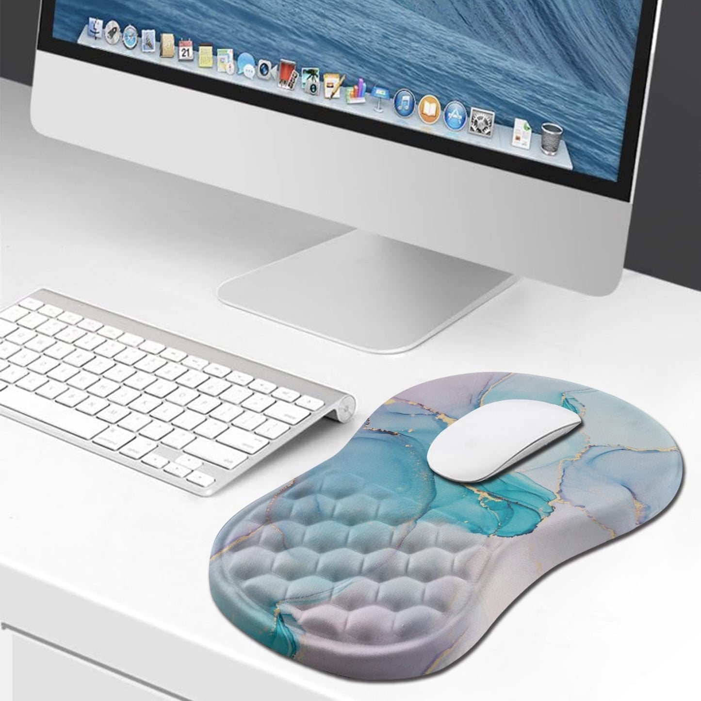 Hokafenle Ergonomic Mouse Pad Wrist Support, Wrist Rest Mousepad for Carpal Tunnel Pain Relief with Integrated Memory Foam Slope Massage Bulge (11.8x7.9 inch,Blue Marble