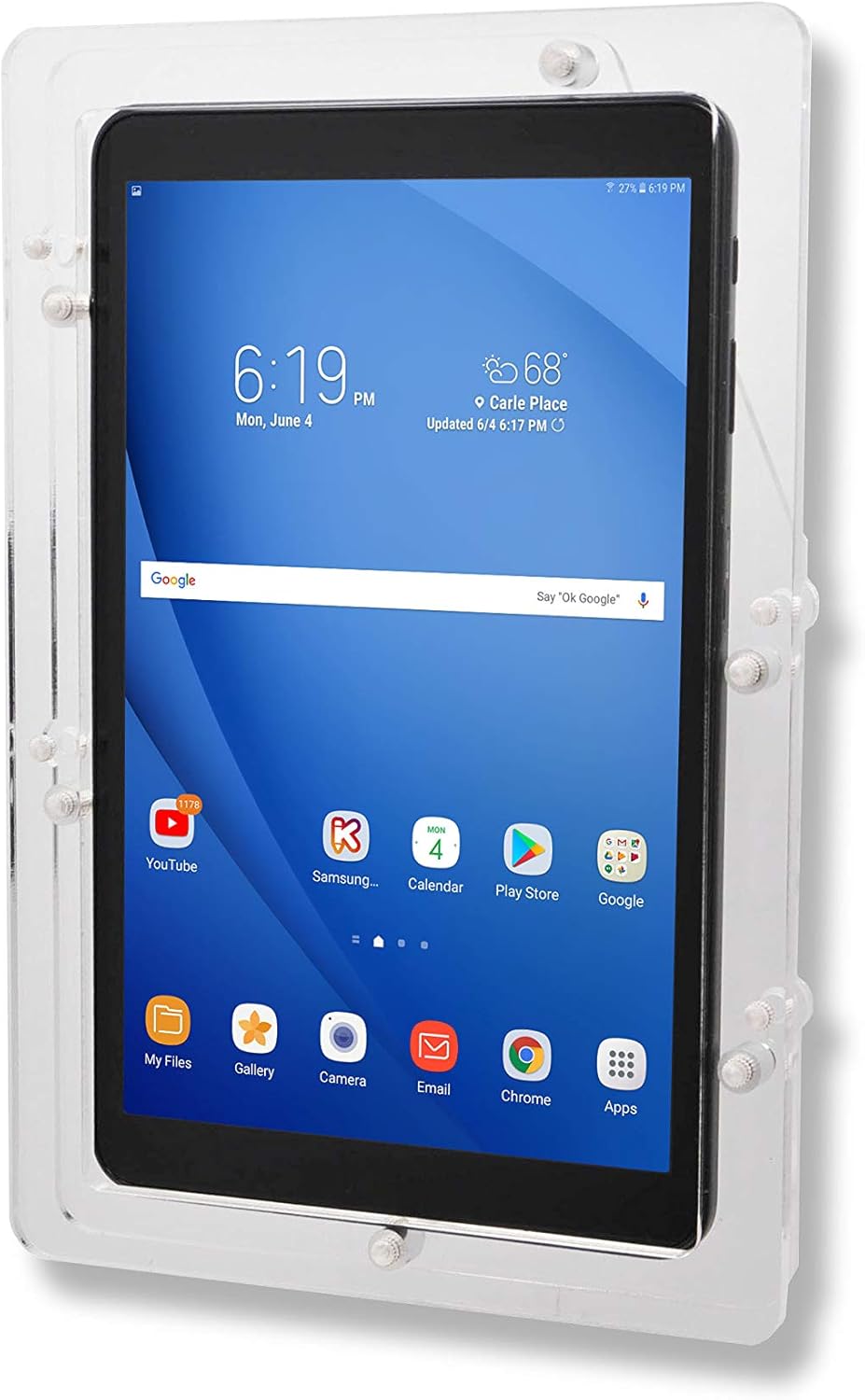 TABcare Anti-Theft Acrylic VESA Enclosure for Galaxy TAB A E S 8" 8.4" Tablet with Free Wall Mount Kit & 90-Degree Angle Charge Cable (TAB A 8.0 2018 SM-T387, Clear)