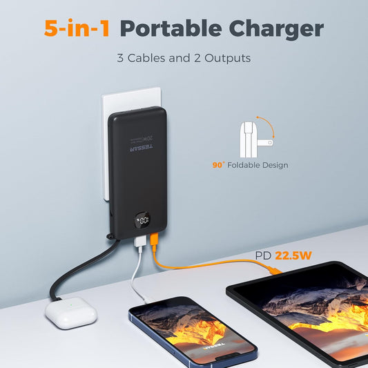 TESSAN Portable Charger with Built in Cables, 10000mAh Power Bank Fast Charging with Foldable AC Plug, 20W Compact Battery Pack Travel Essentials for iPhone 16/15 Series, Samsung, Tablets, Black