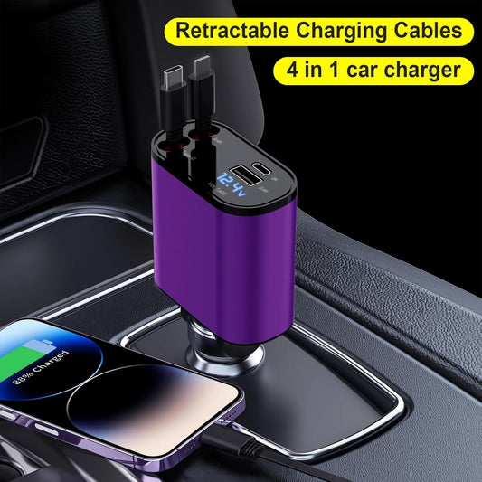 Retractable Car Charger Compatible with Galaxy Pixel, 4 in 1 Fast Charging 60W, Retractable Phone Charger for Car Retractable Cable and 2 USB Ports
