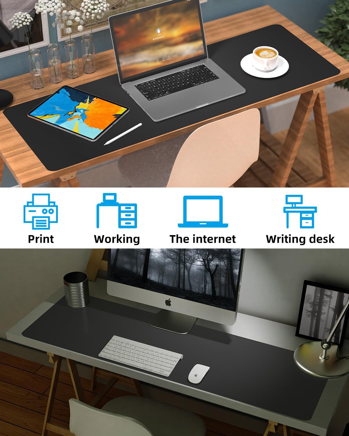 Desk mat Large, Leather Desk Pad Protector,Office Desk Mat,Mouse Pad, Non-Slip Desk Blotter, Laptop Desk Pad, Waterproof Desk Writing Pad for Office&Home (Black,48" x 24")