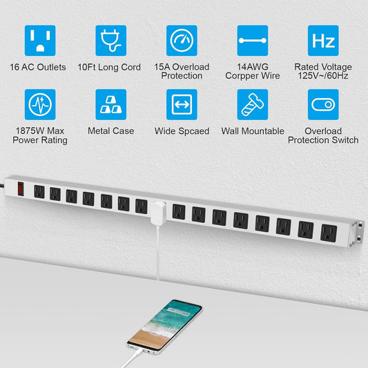 JUNNUJ Metal 16 Outlet Power Strip, Mountable Heavy Duty Power Strip, 1200J Surge Protector Wall Mount Screws Outlet with Switch, Gaming Desk Strips Wide Spaced 15A 125V 1875W, 10 FT 14AWG Power Cord
