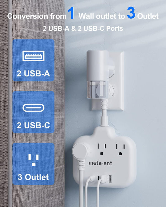 Short Extension Cord 2 inch, Short Cord Power Strip with 3 Outlets 4 USB(2 USB-C) 17W, Flat Outlet Extender, Non-Blocking, Non-Surge Protection for Cruise Travel Dorm Kitchen Bathroom, White