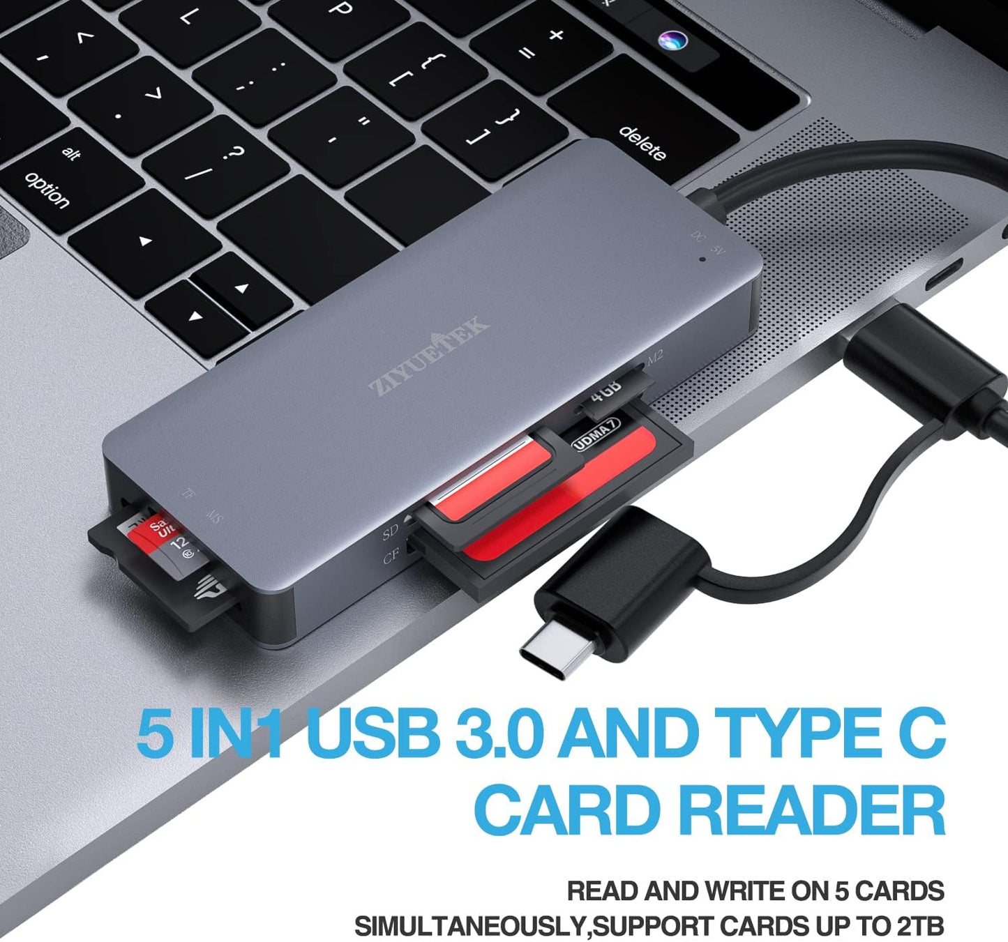 USB C USB3.0 SD Card Reader, 5in1 Multi Card Reader for SD/TF/CF/Micro SD/MS/M2, Drive Free for iPhone 15 pro max/Windows/Mac/Linux/Android (USB3.0 and Type-C)