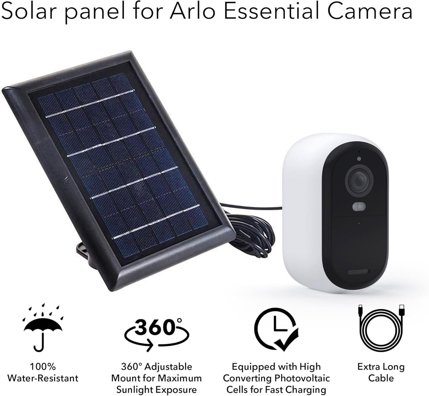 Wasserstein Solar Panel Compatible with Arlo Essential 2K Outdoor Security Camera (2nd Gen) / XL (2nd Gen) & Essential Spotlight (Camera NOT Included) - (1-Pack, Black)