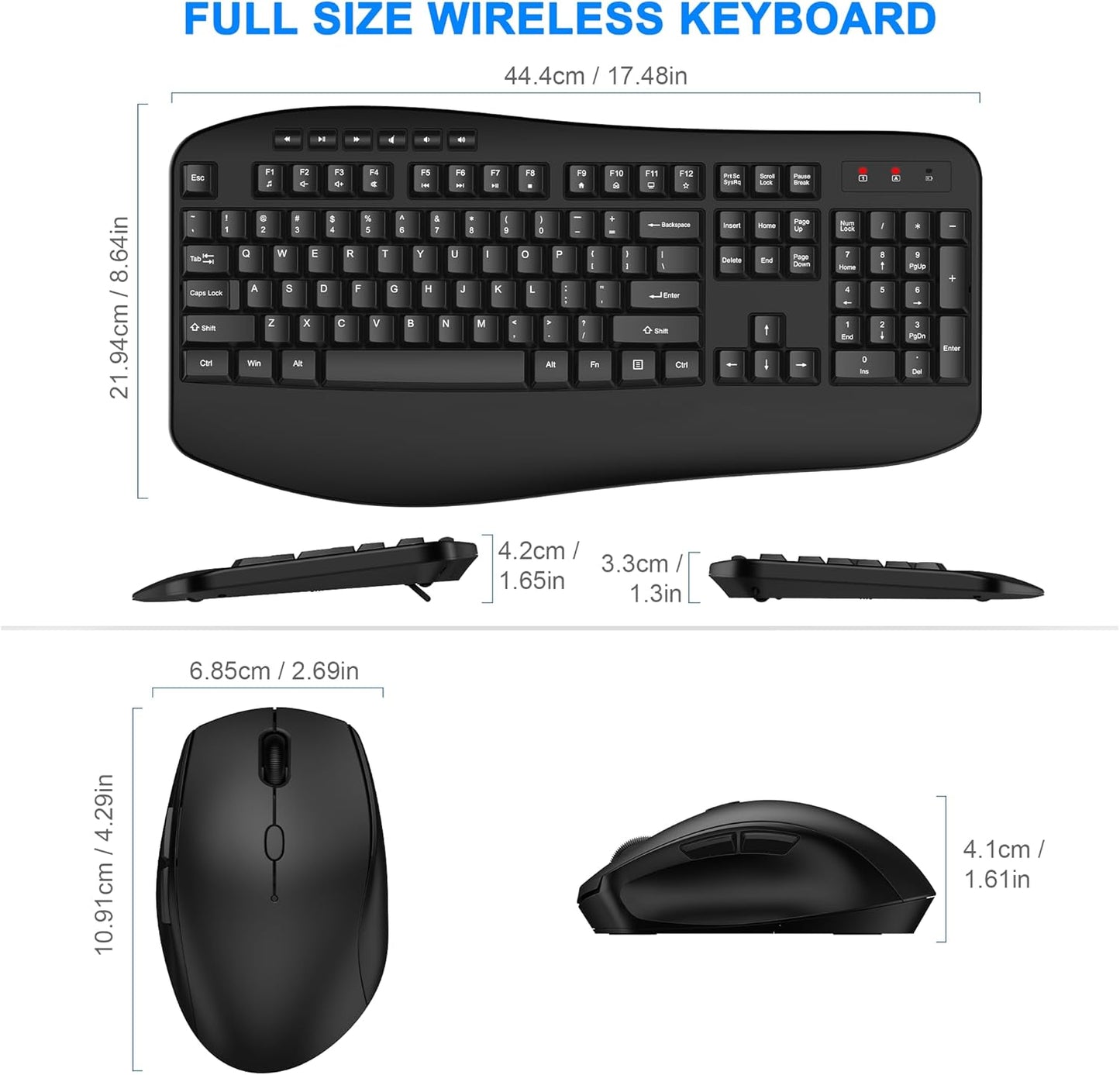 Wireless Keyboard and Mouse Combo, EDJO 2.4G Full-Sized Ergonomic Computer Keyboard with Wrist Rest and 3 Level DPI Adjustable Wireless Mouse for Windows, Mac OS Desktop/Laptop/PC(Classic Black)