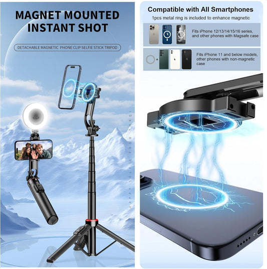 Magnetic Selfie Stick Tripod for iPhone, 51" Phone Tripod Compatible with Magsafe, Travel Selfie Stick for iPhone 16 15 14 12 Series Android Phone Stand Camera Holder for Video Recording