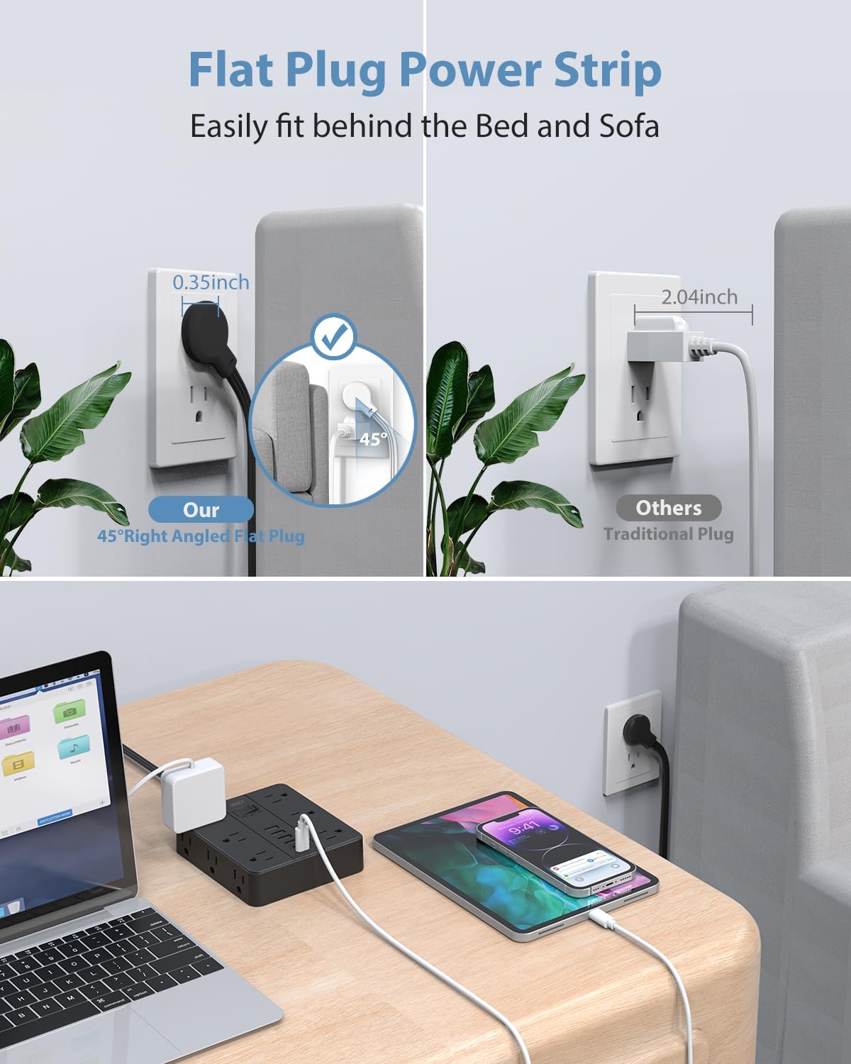 Power Strip Flat Plug with 12 Outlets 6 USB(2 USB C),SMNICE Surge Protector Charging Station with Overload Protection,5ft Extension Cord Widely Spaced Multiple Outlets for Home Office Dorm,Black