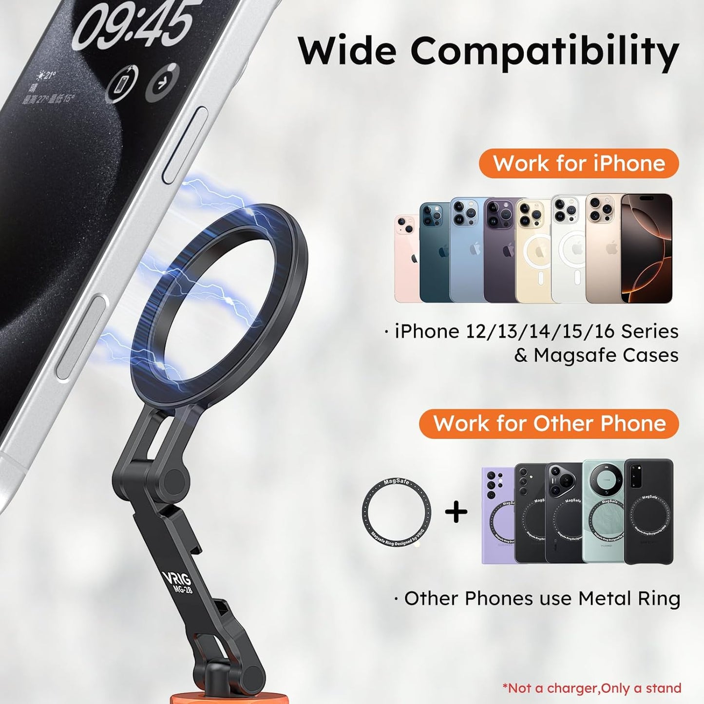 VRIG MG-28 Magnetic Phone Tripod Mount,1/4" Thread Cold Shoe 360° Rotation,for iPhone16 15 14 13 12 Pro All Series,Magnetic Ring Magsafe iPhone Tripod Mount Adapter