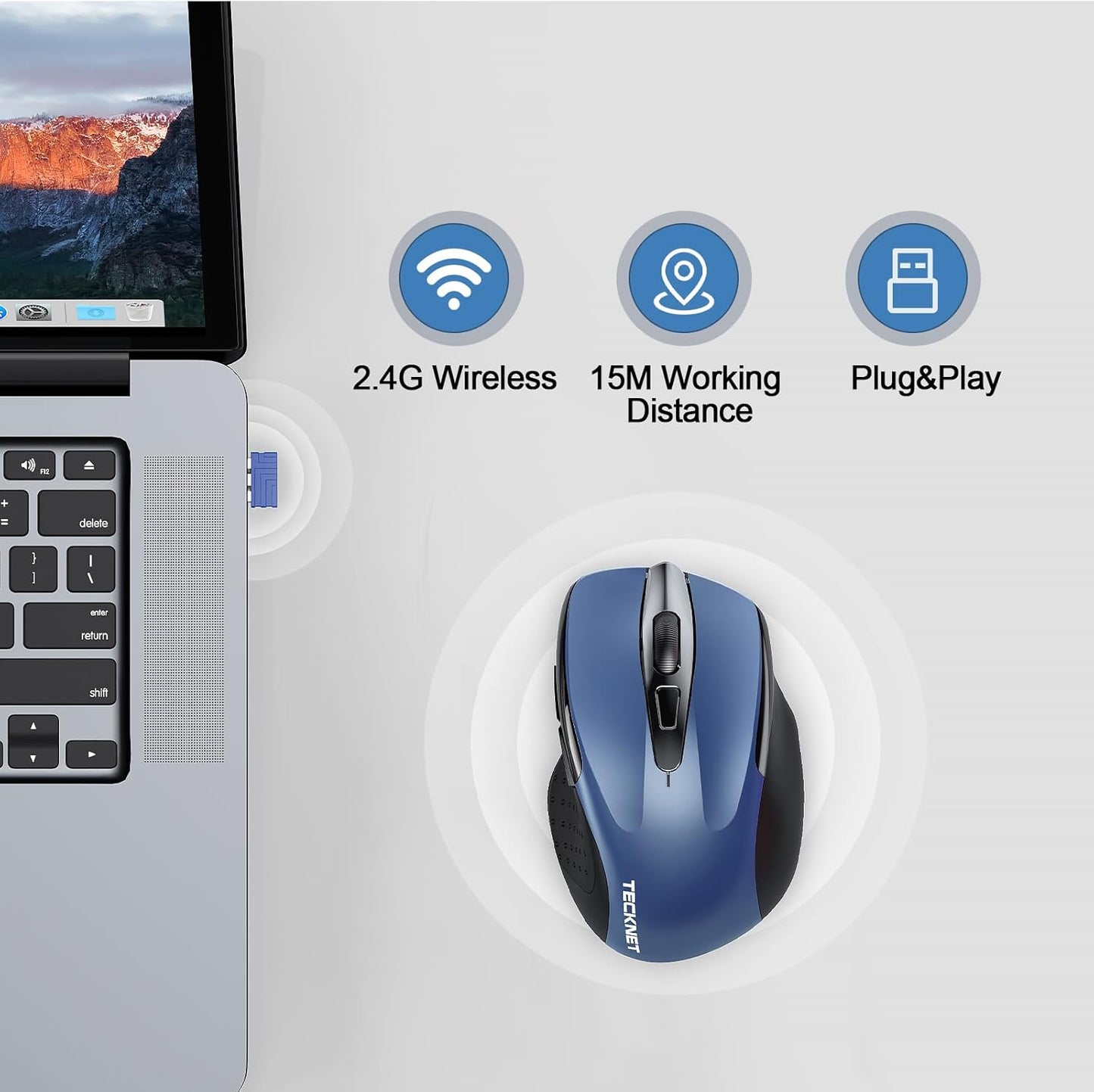 TECKNET Rechargeable Wireless Mouse, 2.4G Silent Mouse, Quiet Click, 6 Adjustable 4800 DPI, Cordless Computer Mice, Ergonomic Mice for Laptop, 6 Buttons USB-A for Chromebook, Ergo Grip - Blue