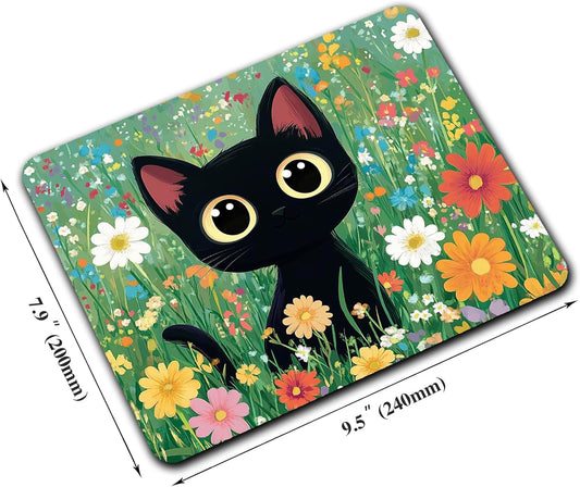 Cute Black Cat Floral Custom Mouse Pad with Non-Slip Rubber, Small Square Design for Wireless Laptop & Computer Mouse Pads for Desk, 9.5 x 7.9 inch Smooth Surface for Gaming & Office
