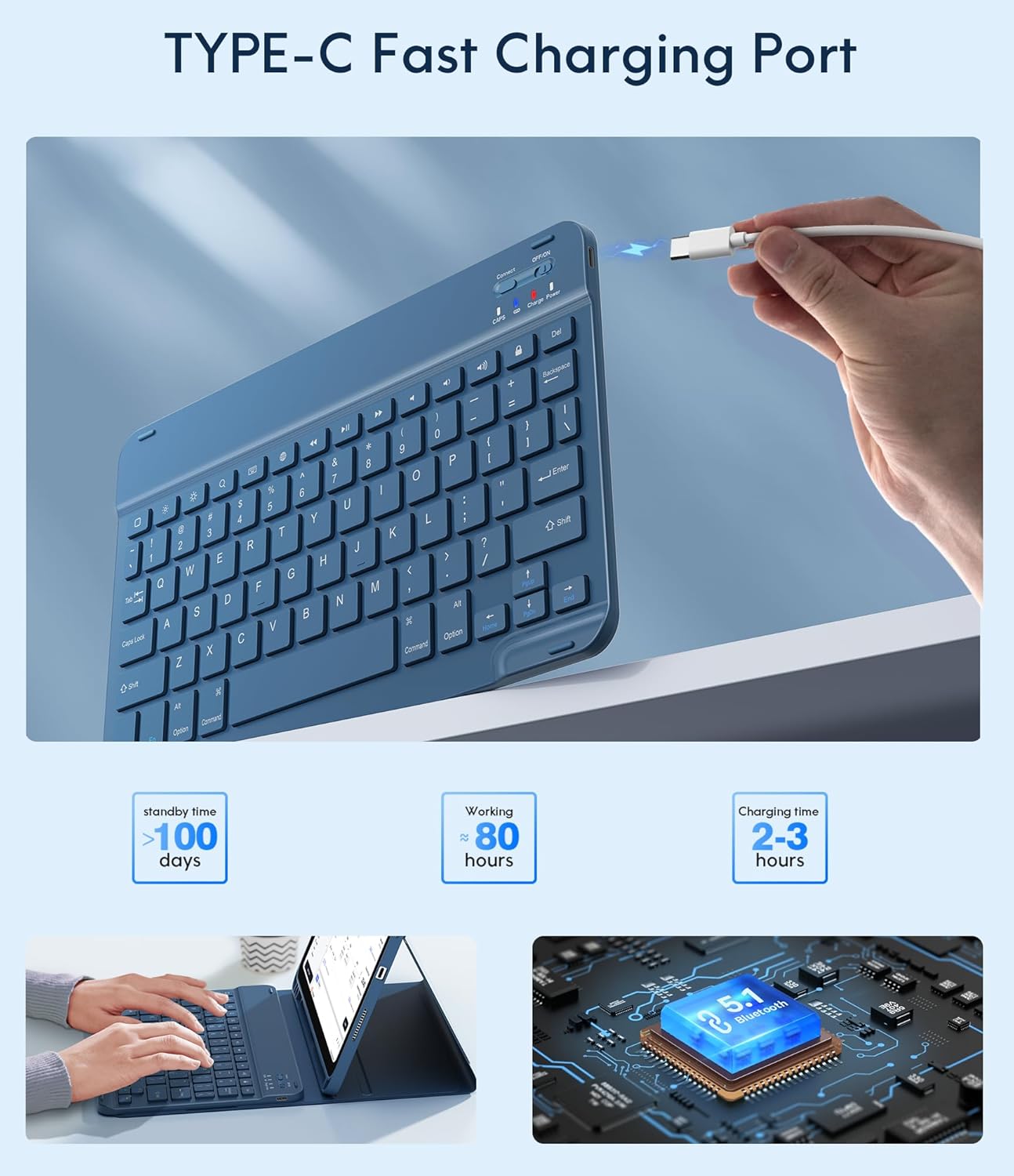 CHESONA Keyboard Case for iPad (A16) 11th/10th Generation (2025/2022), Detachable Wireless Keyboard, Stand Folio Keyboard Cover with Pencil Holder, Thin & Light (Steel Blue)