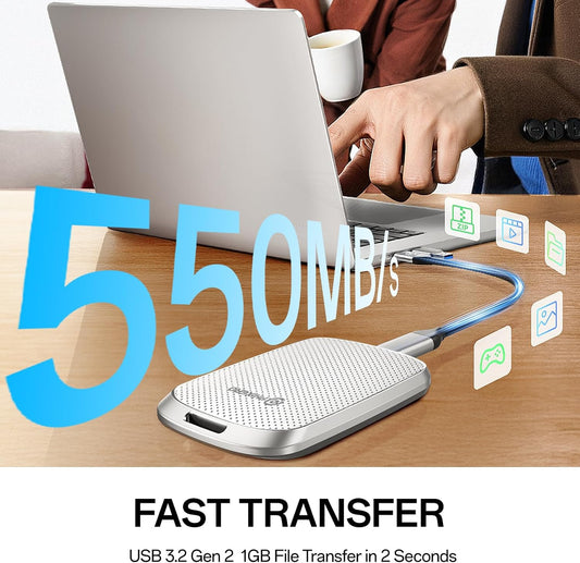 PHIXERO P5PLUS Portable SSD 1TB Up to 550MB/s, USB 3.2 Gen 2 External Solid State Drive,USB C to C&A for Smartphone,Tablet,PC,Labtop (White)