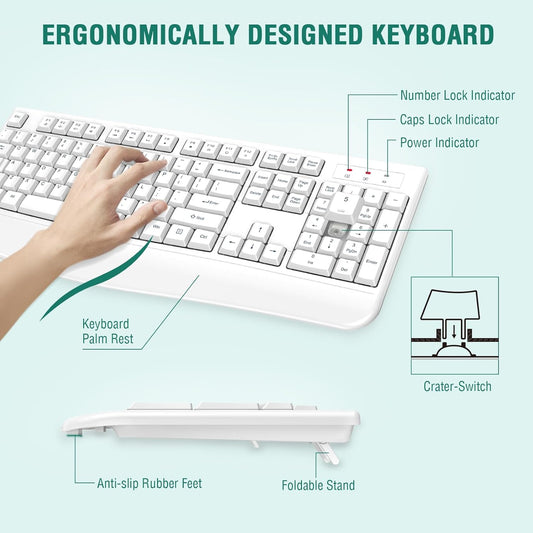 EDJO Wireless Keyboard, 2.4G Ergonomic Full Size Wireless Computer Keyboard with Wrist Rest for Windows, Mac OS Desktop/Laptop/PC(White)