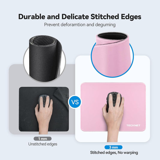 TECKNET Mouse Pad with Anti-fray Stitchin, Waterproof Surface & Non-Slip Rubber Base with Stitched Edges Gaming Mouse Mat for Laptop,Compatible with Laser and Optical Mice - Pink