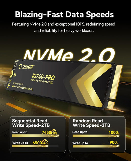 ORICO Industrial SSD 2TB M.2 NVMe SSD, PCIe 4.0 Drive with 7450MB/s Read Speed, TLC NAND, Advanced Data Security and Innovative Heatsink, for Industrial PC, Personal Laptop and PS5 - IG740PRO