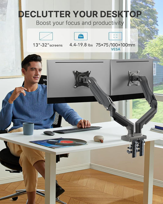 HUANUO Dual Monitor Stand - Full Adjustable Monitor Desk Mount Swivel Vesa Bracket with C Clamp, Grommet Mounting Base for 13 to 32 Inch Computer Screens - Each Arm Holds 4.4 to 19.8lbs -Grey