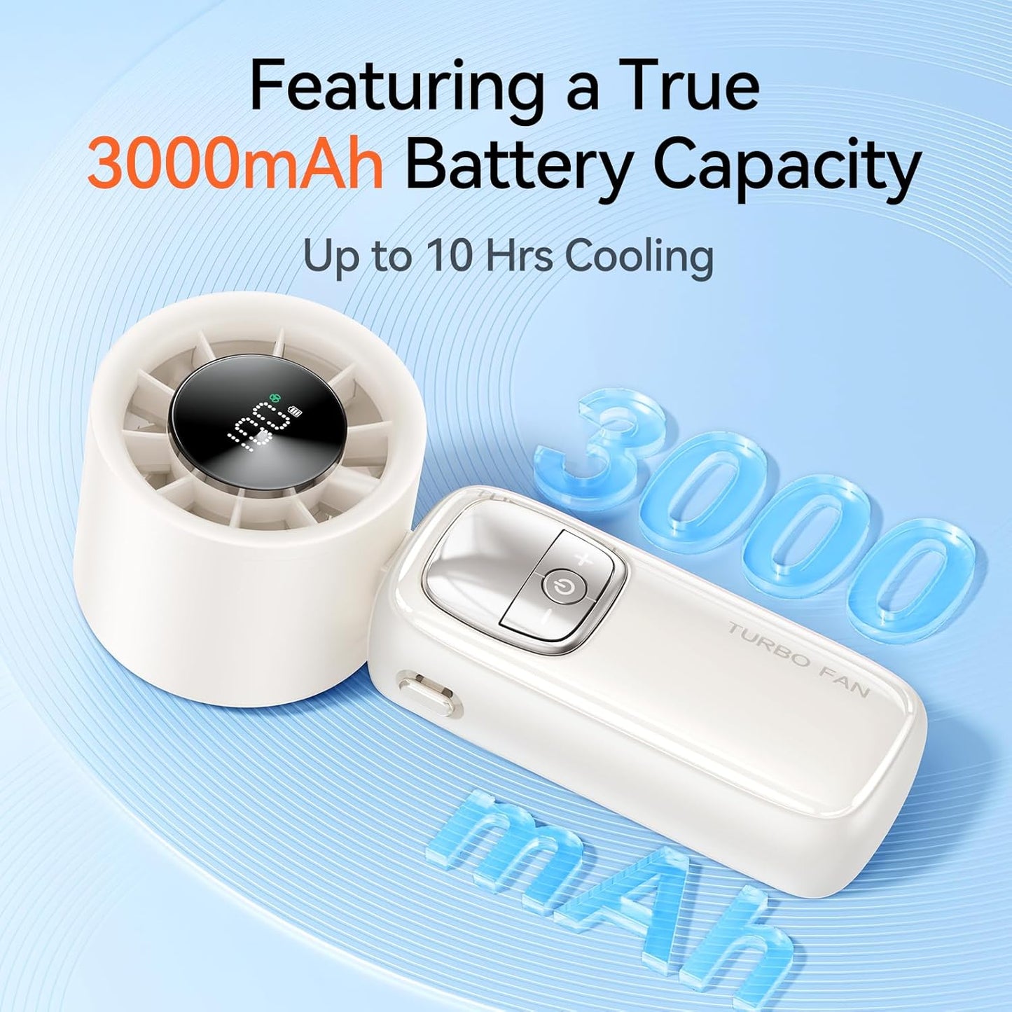 3-in-1 Portable Handheld Turbo Fan-100 Speeds, 15000 RPM, 10Hrs Cooling, LED Display, 90° Rotation, USB Rechargeable Battery Powered, Mini Foldable Hand Held Personal Fan for Women Men (white)