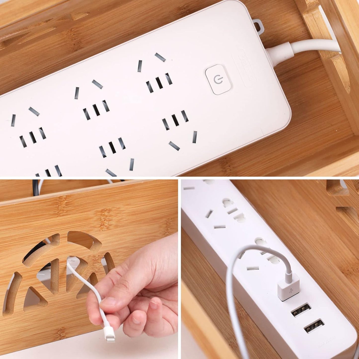 Extra Large Cable Management Box with Lid, Bamboo Cable Box for Cords, Power Strips or Surge Protectors, Hide Loose Wires Behind TVs, Home, Computers, Office Desks by HTB