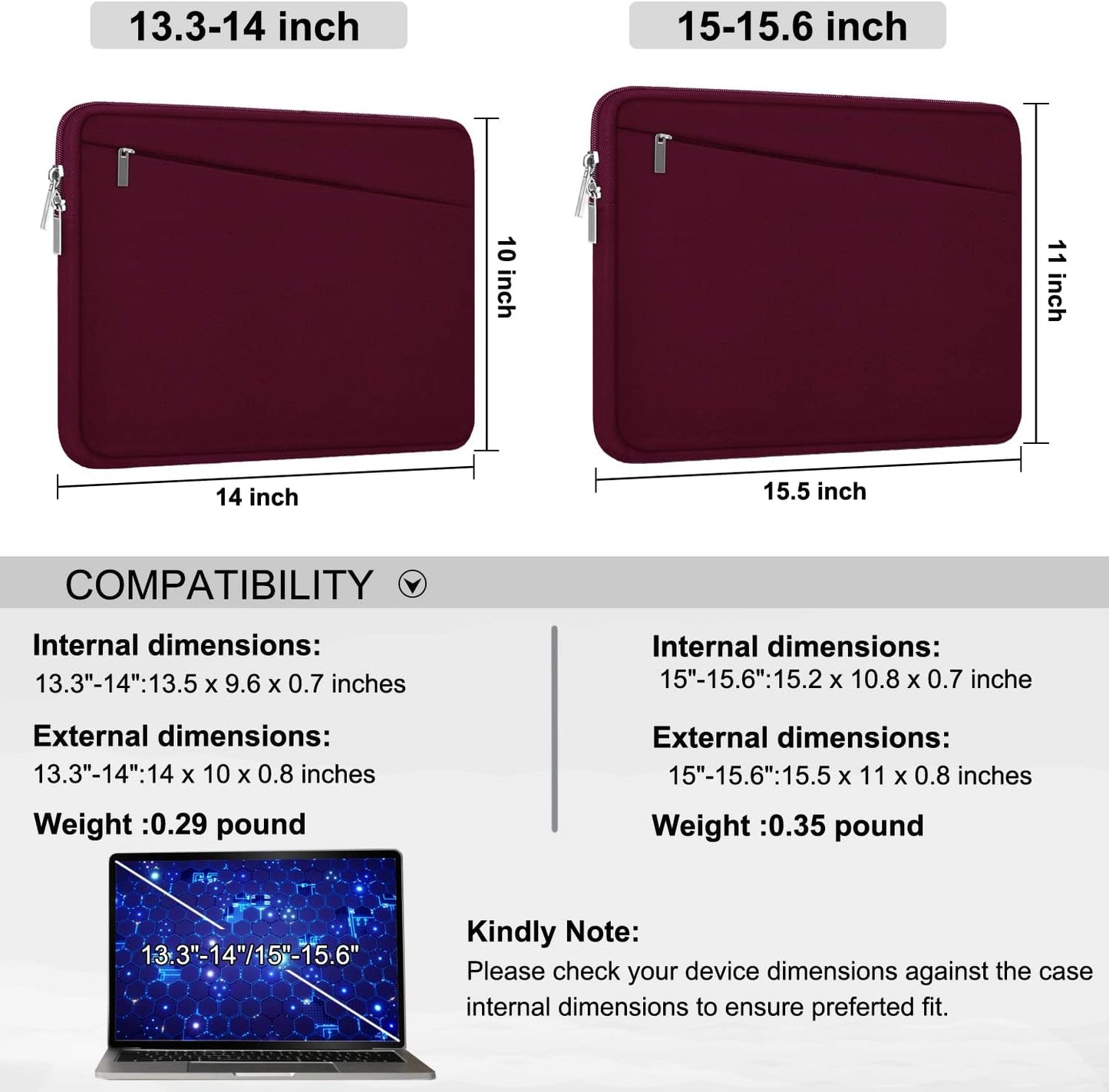 Laptop Sleeve 15.6 inch, Durable Computer Carrying Bag Protective Case Briefcase Handbag with Front Pocket, Slim Laptop Cover for 15.6 Inch HP, Dell, Lenovo, Asus, Notebook, Wine Red