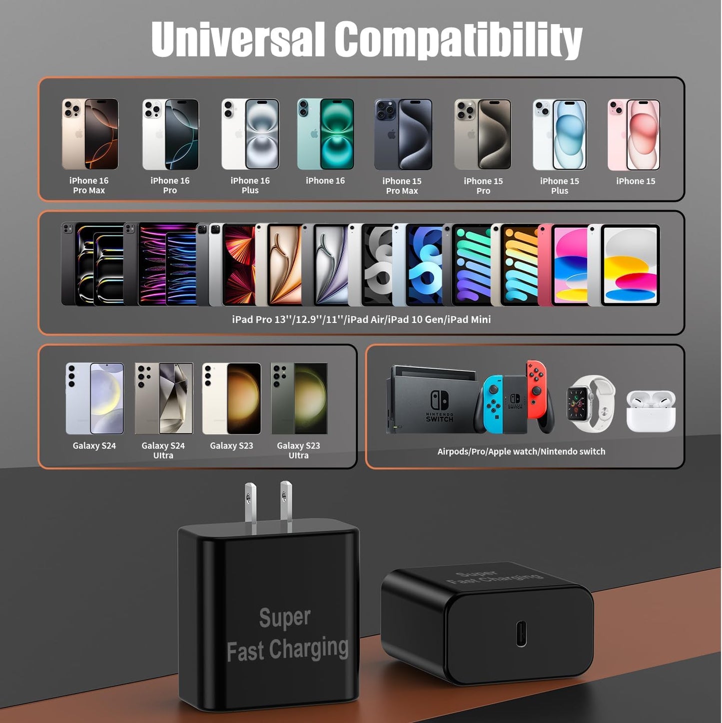 iPhone 16 Pro Max Charger Fast Charging, 45W Super Fast USB C Chargers for iPhone 16 15 6FT+6FT+10FT Type C Chargers Cord with Fast Charger Block for iPhone 16/15 Series/iPad/ GalaxyS24 Black