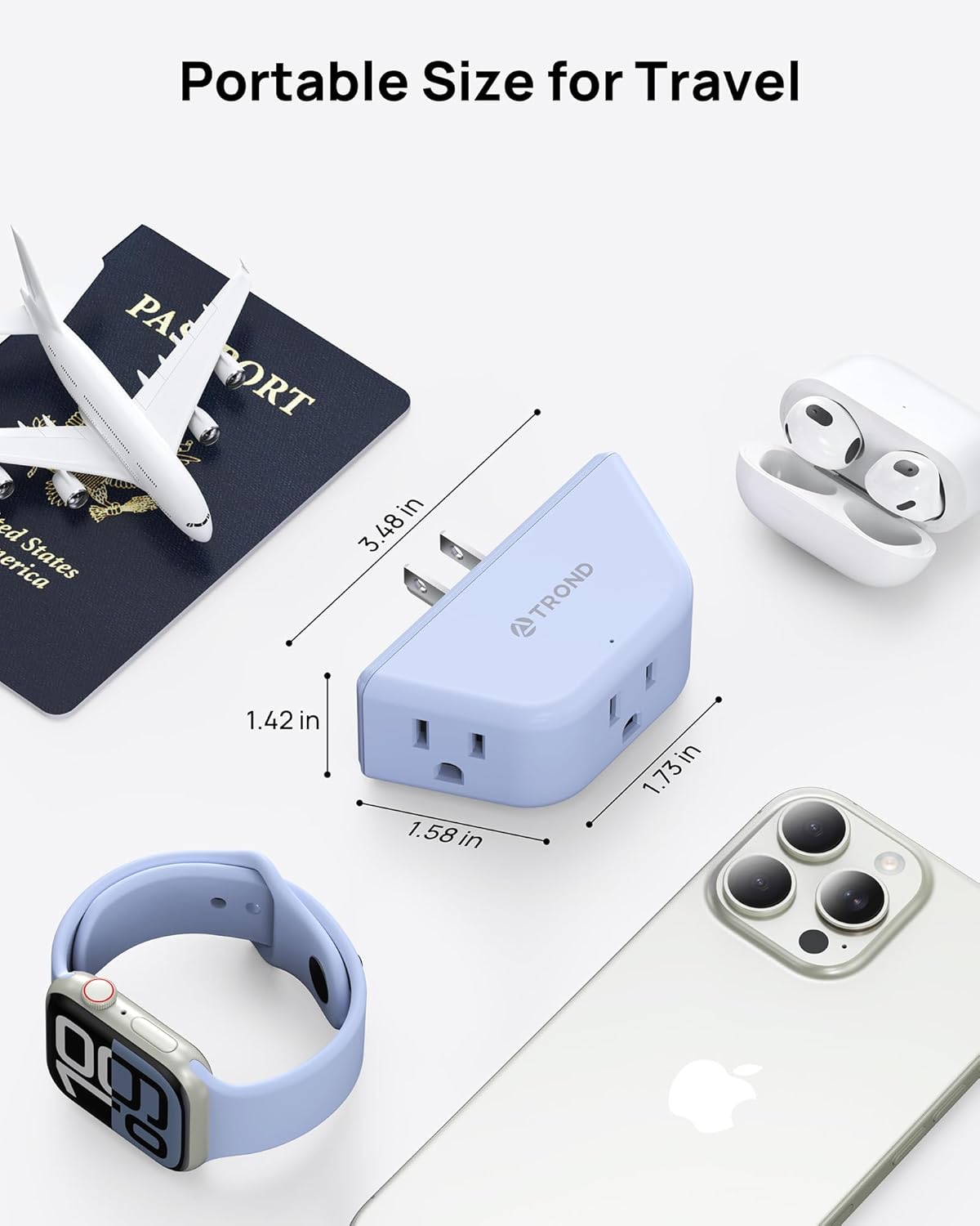 TROND Outlet Extender, 3 Way Angled Wall Plug Splitter, 3-Prong Grounded Outlet Adapter, Cruise Essentials, Compact and Practical Plug Expander for Home Decoration Travel Essentials, Blue