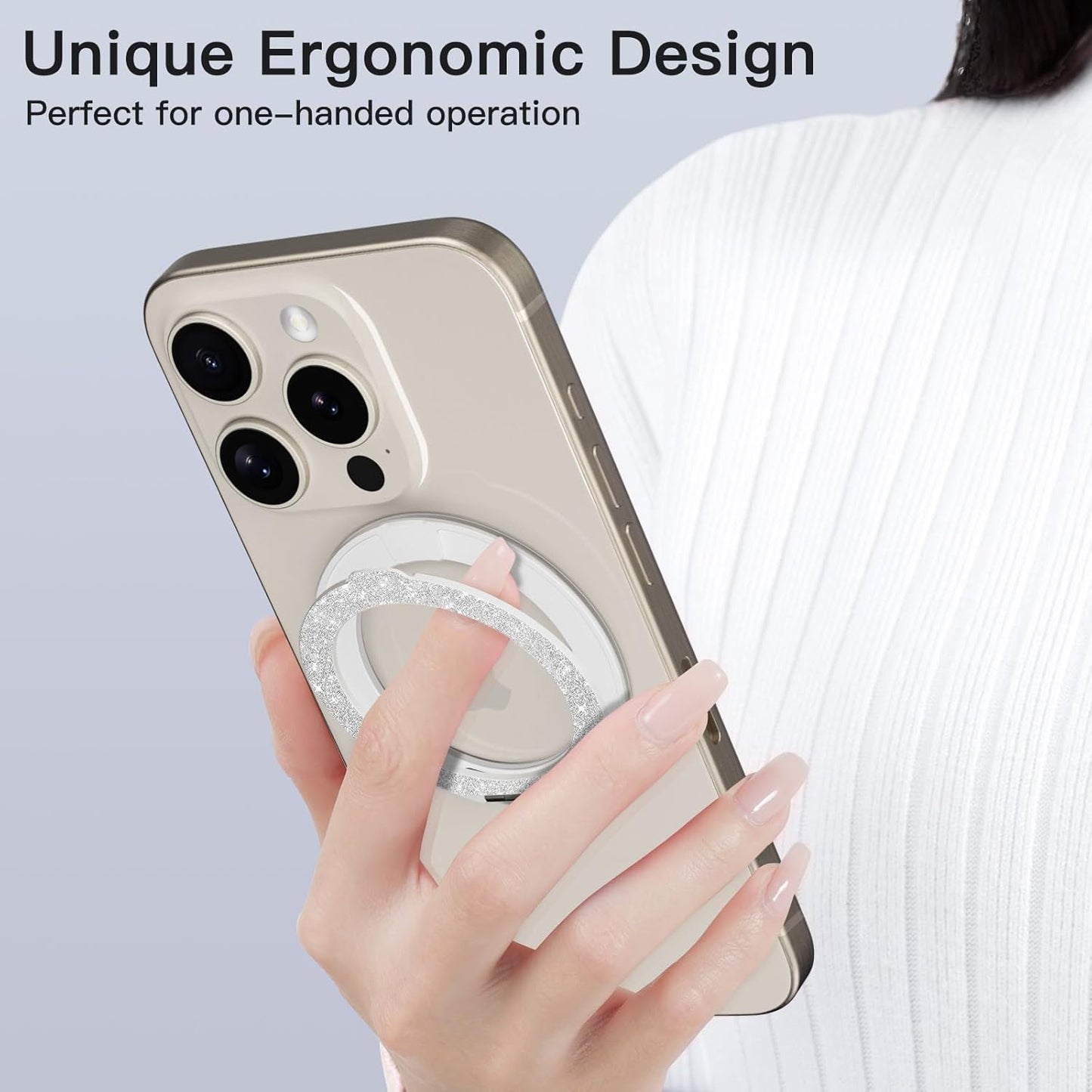 COOLQO Upgraded Magnetic Phone Ring Holder Stand, Super Magnet Cell Phone Grip Finger Kickstand Compatible with MagSafe Mag Safe Accessory for iPhone All Smartphones (1-Glitter Silver)