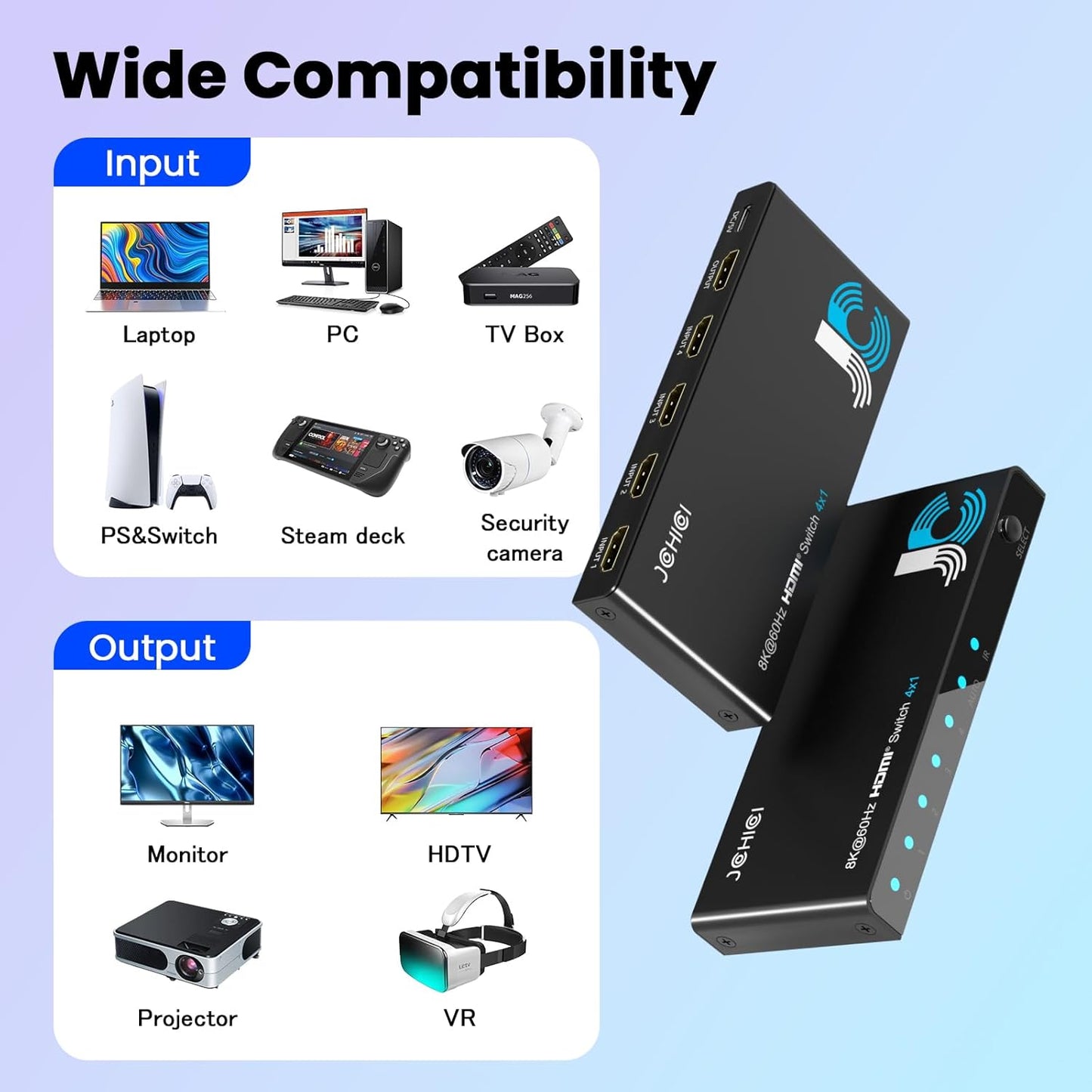 HDMI 2.1 Switch 4 in 1 Out 8K@60Hz 4K@120Hz, 4 Ports HDMI Switcher Selector with Remote, Support HDCP 2.3 HD R 10+ Dolby Vision/Atmos 48Gbps CEC for Apple TV Game PC PS Pro Xbox Roku