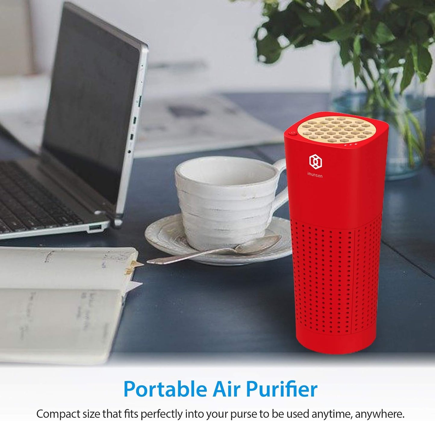 IMUNSEN M-003R True HEPA 13 Filter Air Purifier for Car, Desk, and Office with Carbon Deodorization Filter, 4-Stage Filtration, Smoke, Odors, Allergens, USB Port 5V, Made in Korea - Red