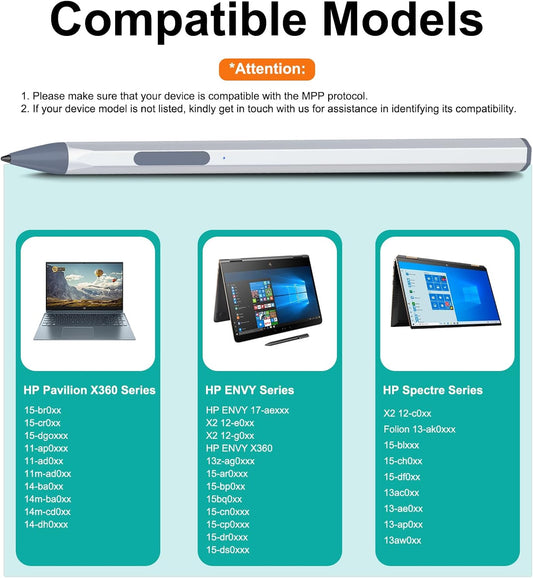 Stylus for HP Envy X360 Pavilion x360 Specter X360 Spectre x2 Envy x2 Touchscreen Laptop Rechargeable MPP 2.0 Tilt Pencil 4096 Pressure Sensitivity Using The Microsoft MPP Protocol, Silver