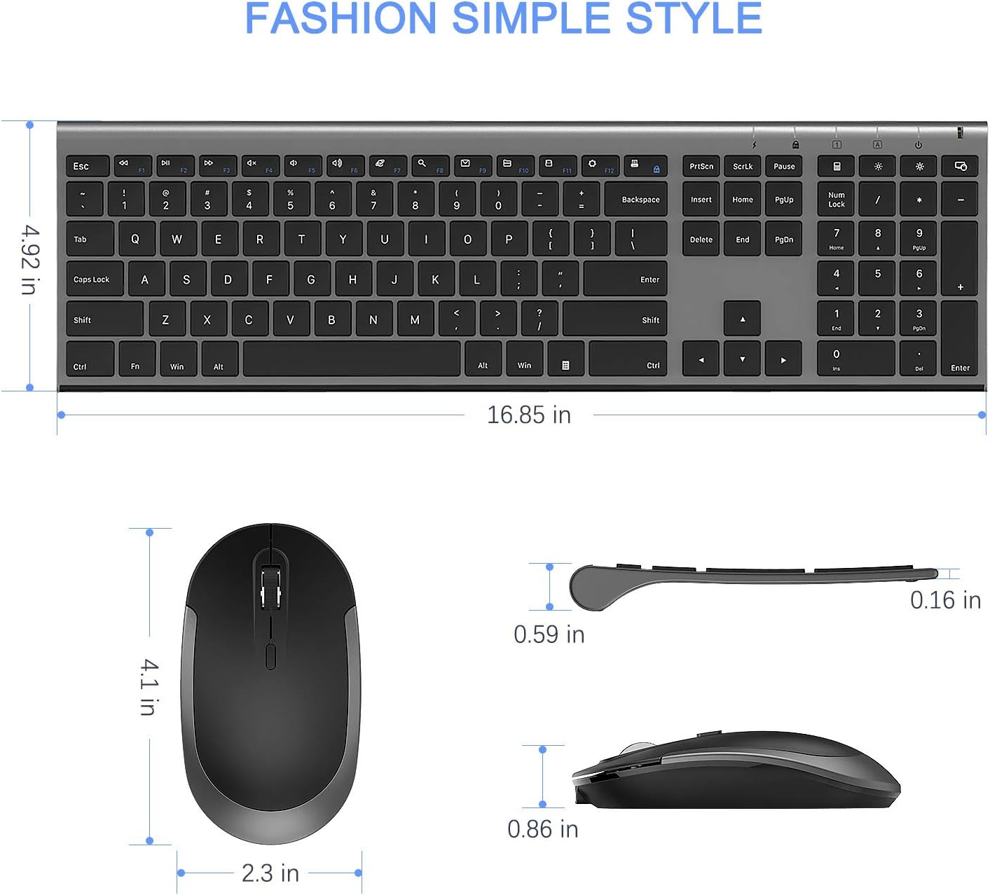 Wireless Keyboard and Mouse, Vssoplor Rechargeable Quiet Full-Size Keyboard and Mouse Combo Set Ultra Slim Design for Laptop, PC, Notebook, Desktop-Dark Gray