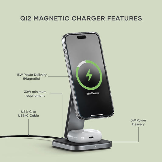 Satechi 2 in 1 Wireless Charger, Qi2 15W Dual Wireless Charger Stand, Magnetic, Foldable Travel Charger Station for iPhone 16/15/14/13/12, and AirPods Pro/3/2