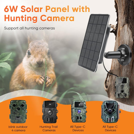 Solar Panel for Trail Camera,6W Solar Kit Build-in 5000mAh Rechargeable Battery, Hunting Accessories for IP66 Waterproof, 5W Solar Power for Trail Camera