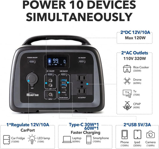 BLUERISE Solar Generator 320Wh Portable LiFePO4 Power Station with Foldable Solar Panels 60W with 2 AC Outlet 110V/300W Solar Mobile Battery Packup for Camping Hunting Home Emergency