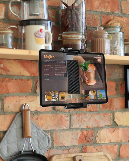Under Cabinet Tablet Mount Holder, woleyi Kitchen iPad Mount Holder, Desk Aluminum Clamp Stand Compatible with iPad Pro 12.9 Air Mini, Galaxy Tabs, Surface Pro/Go, 5.5"-13" iPhone, Tablets and Devices