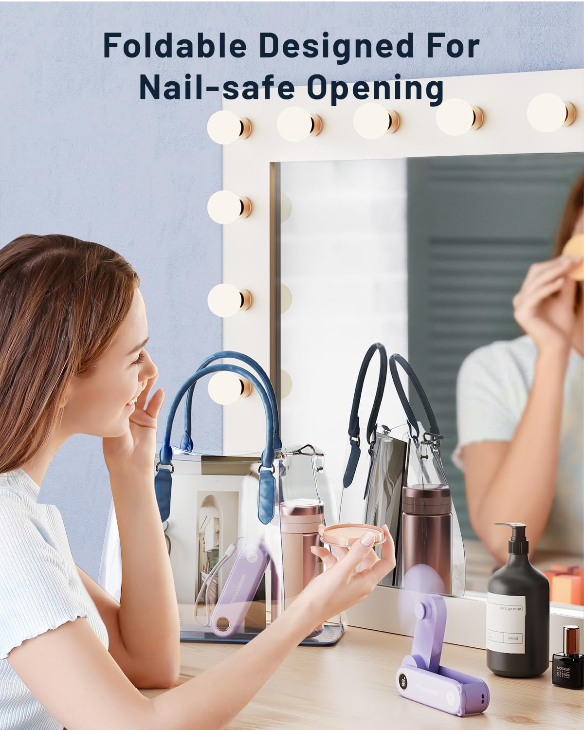 SWEETFULL Portable Handheld Mini Fan with LED Display, 3-in-1 Personal Foldable USB Rechargeable Hand Held Fan & Flashlight for Travel, Lash Eyelash, Cute Small Pocket for Women, Girls