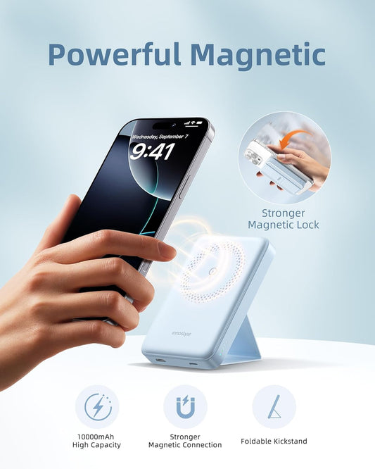 10000mAh Magnetic Wireless Power Bank with Foldable Stand, 3-in-1 MagSafe Charger 20W Fast Charging Compatible with iPhone 16/15/14, AirPods, Samsung Devices | Blue