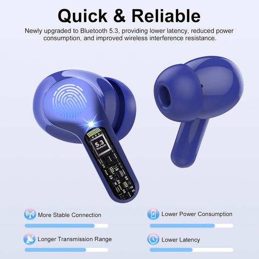 Wireless Earbuds, Bluetooth 5.4 Headphones HiFi Stereo, Bluetooth Earbuds with ENC Noise Cancelling Mic, IP7 Waterproof in Ear Earphones, 48H, LED Display Ear buds for Pad Workout Sports, Blue