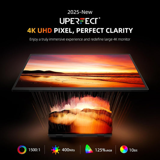 UPERFECT Portable Monitor 4K 23.8" | 400 Nits 24" Large Monitor | 3840 * 2160 UHD 125% sRGB | 1MS FreeSync | USB-C & HDMI | VESA & Kickstand | Second Screen for Computer, Mini PC, Game Consoles