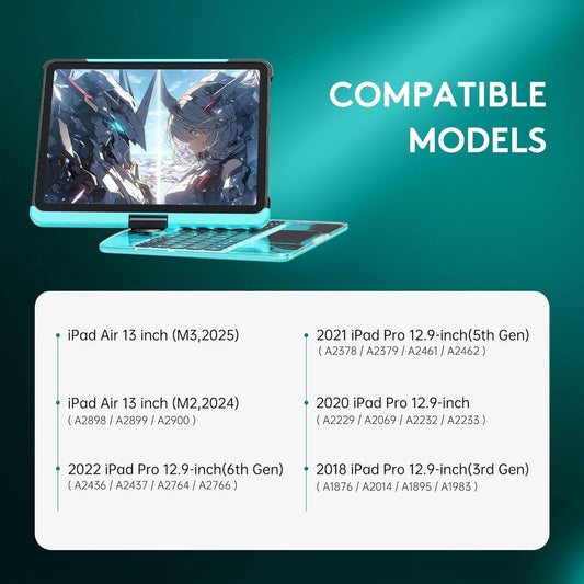 GUSGU Transparent Case with Wireless Keyboard for iPad Air 13-in.(M3/M2, 2025/2024), 7 Colors Backlight, Trackpad, 360°Rotating Stand for iPad Pro 12.9-in (6/5/4/3 Gen), Tech Style