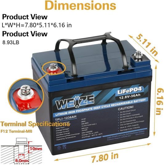 WEIZE 12V 36Ah LiFePO4 Lithium Battery, Grade A Cells Built in BMS Low Temperature Protection Deep Cycle Battery, 2000+ Life Cycles, Perfect for Marine, Kids Scooters, Power Wheels (2 Packs)